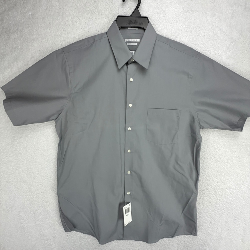Van Heusen Regular Fit Short Sleeve Dress Shirt Gray Mens 16 32/33 Cotton Blend